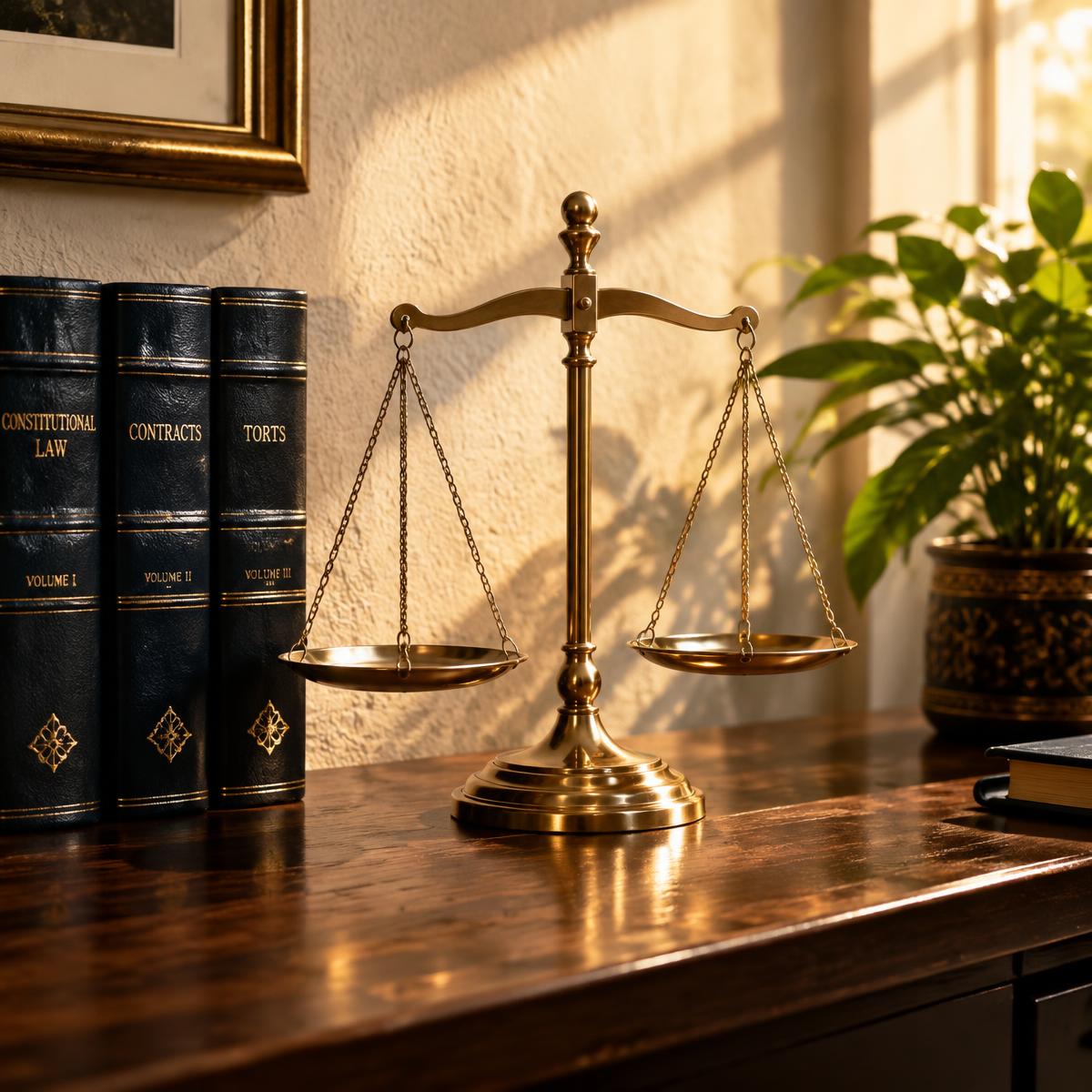 Brass scales of justice beside law books